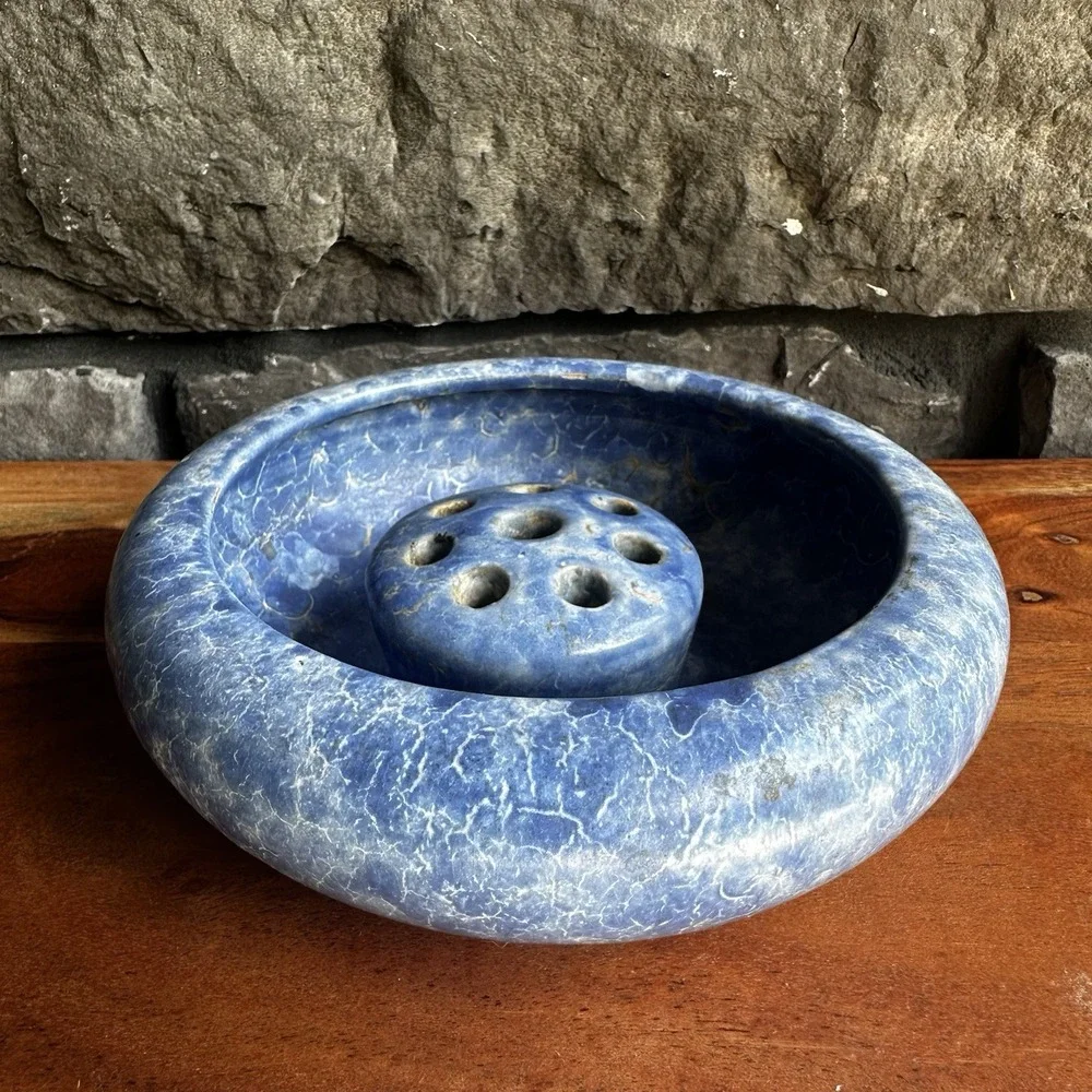 Vintage Ceramic Pottery Frog Flower Holder And Matching Blue Bowl Grandmacore